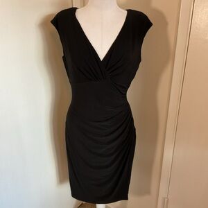 Lauren Ralph Lauren Black Ruched Jersey Sheath Dress 10 Cap Sleeve V-Neck Dress